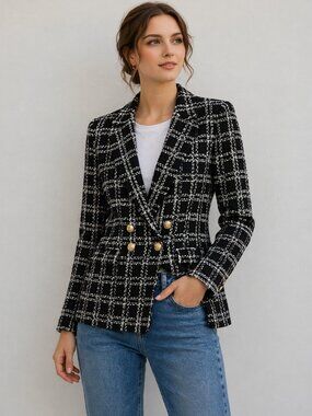 Indigo Rose Black White Tweed Boucle Blazer Medium Gold Buttons Chanel Style